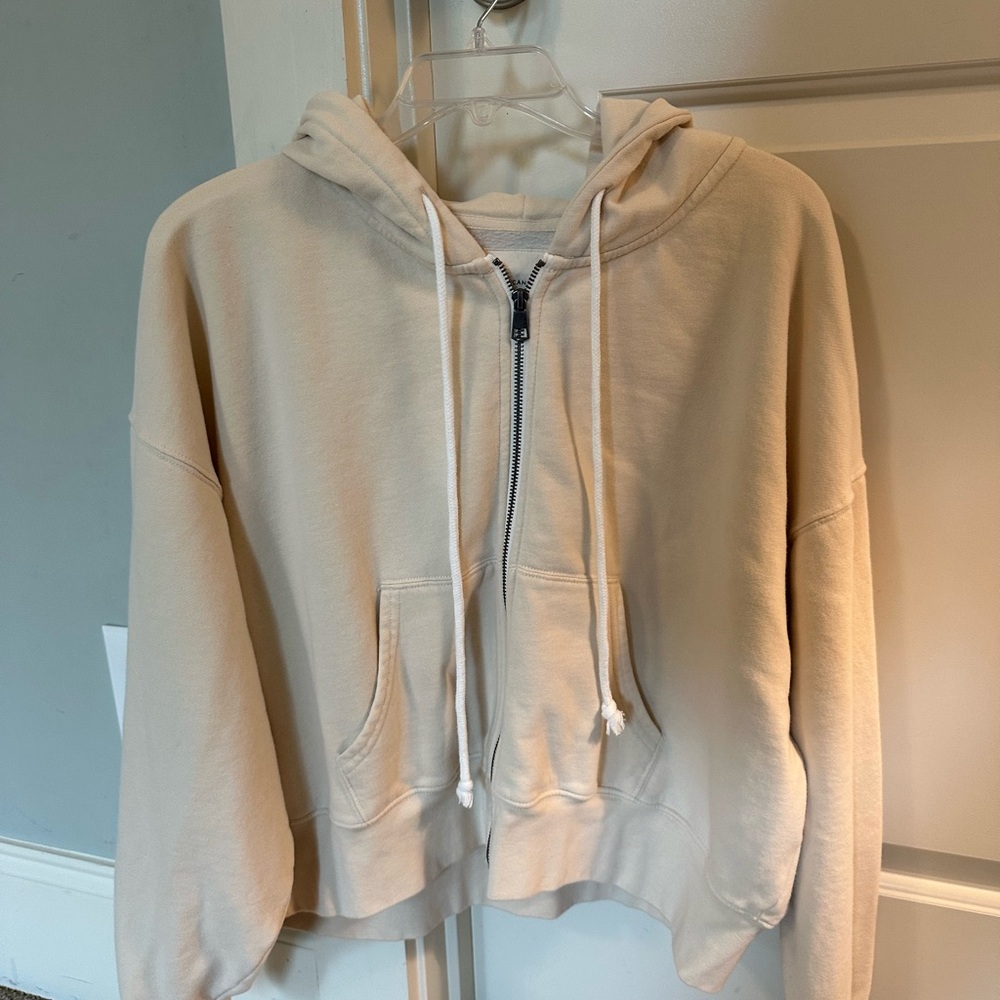 Beige Zip-Up Hoodie with Pockets